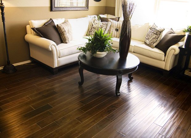 narrow hardwood planks in classic living room