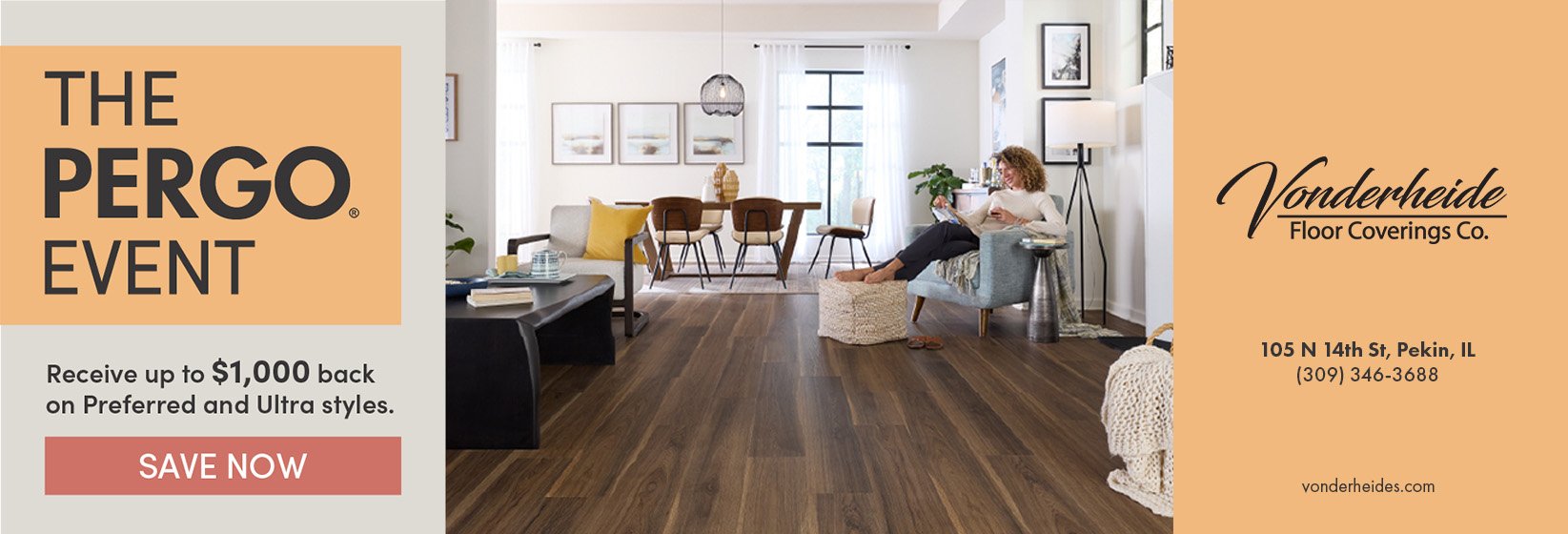 The Pergo Event at Vonderheide Floor Coverings offers up to $1,000 back on Preferred and Ultra styles.